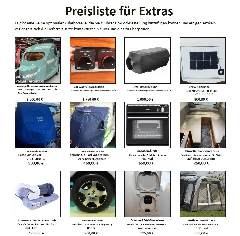 Wohnwagen Go-Pod Extras Preisliste Wohnwagen Go-Pod Extras Preisliste